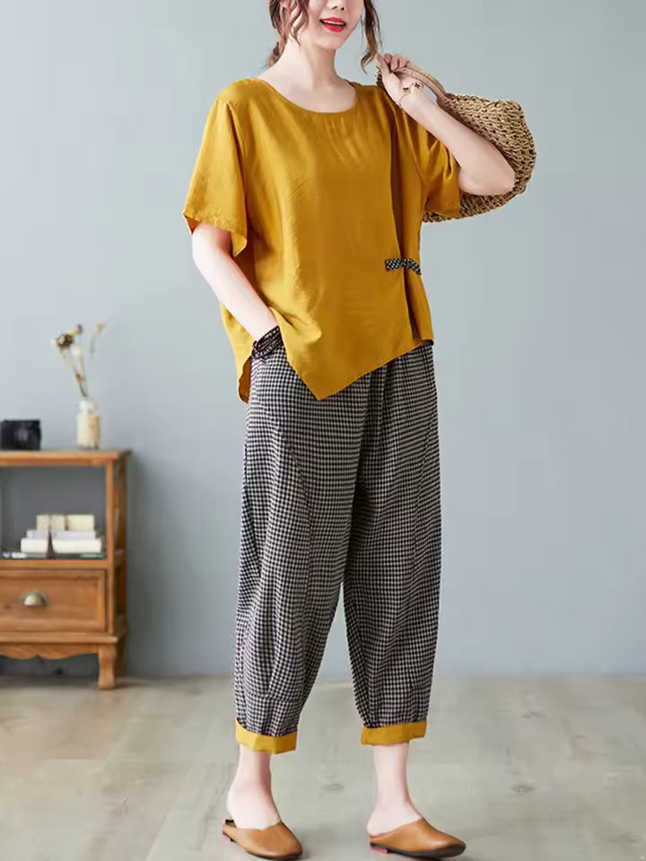 Casual T-shirt And Ankle-length Pants Vintage Style Loose Pant Suits 2 Piece Sets