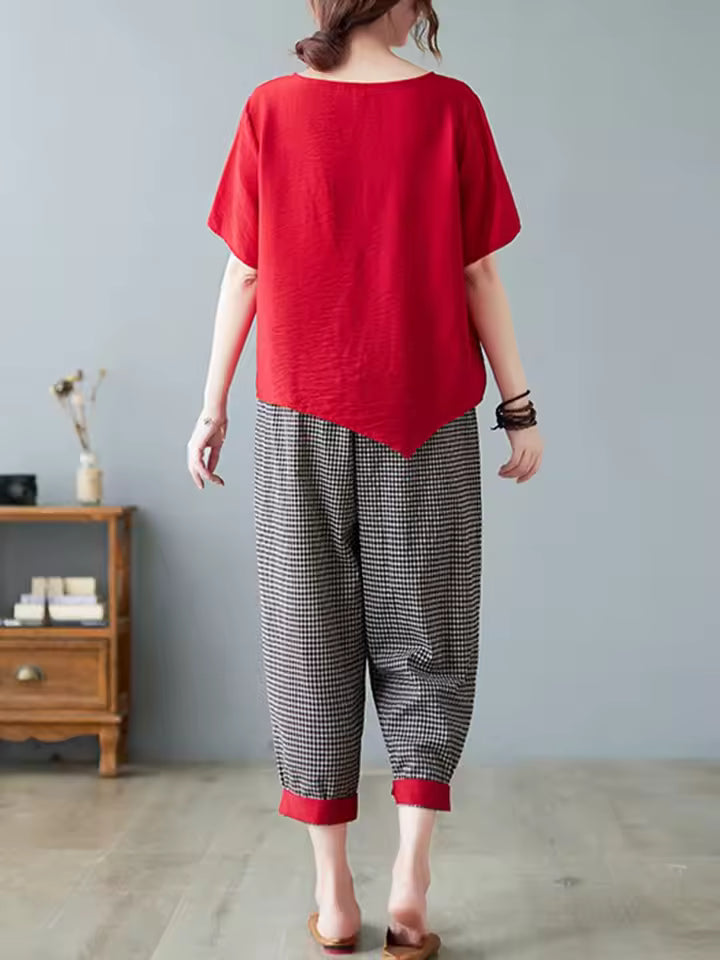 Casual T-shirt And Ankle-length Pants Vintage Style Loose Pant Suits 2 Piece Sets