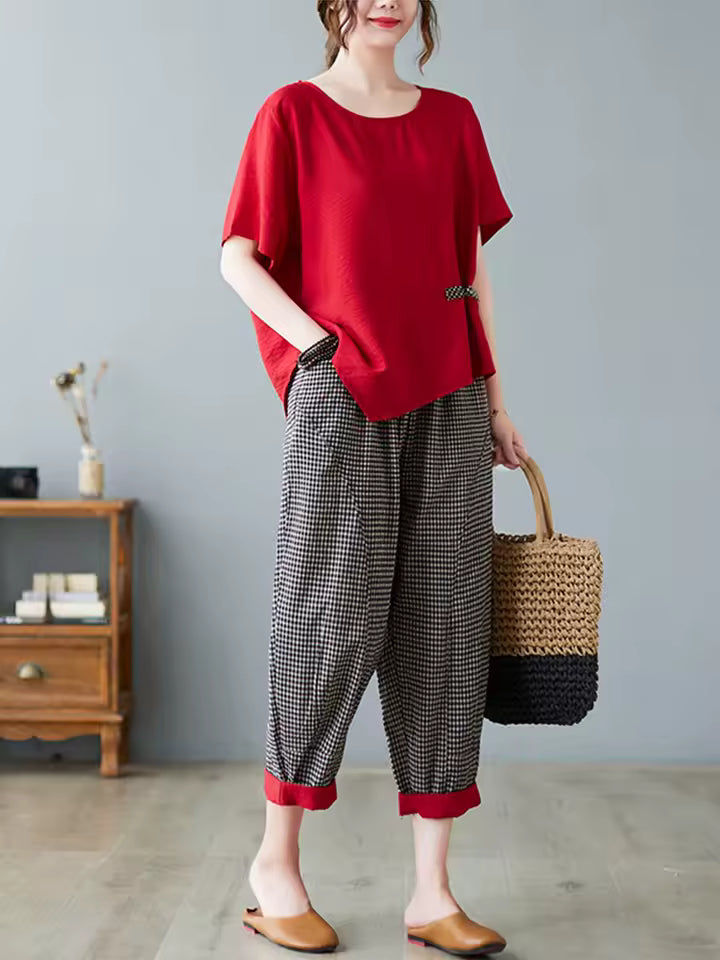 Casual T-shirt And Ankle-length Pants Vintage Style Loose Pant Suits 2 Piece Sets