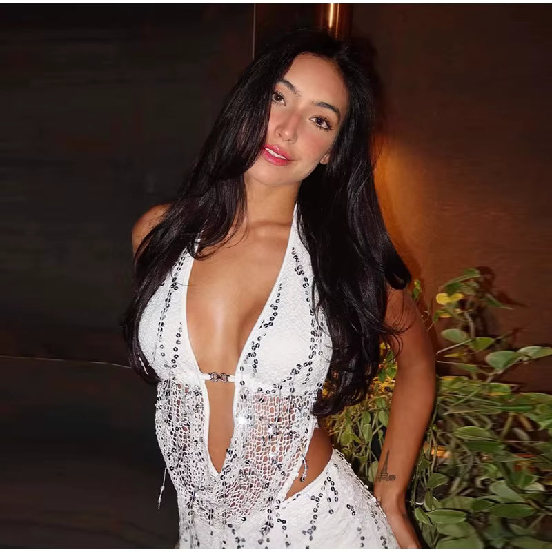 Casual Tassels Sequin Halter Hollow Out Spliced Tops Hip Package Mini Skirts Two Piece Set
