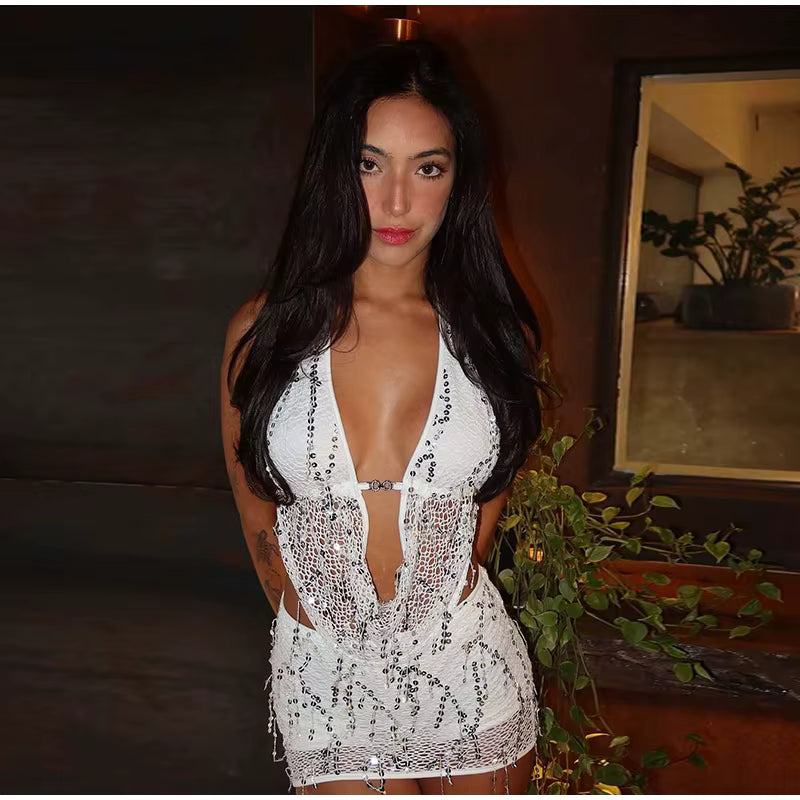 Casual Tassels Sequin Halter Hollow Out Spliced Tops Hip Package Mini Skirts Two Piece Set