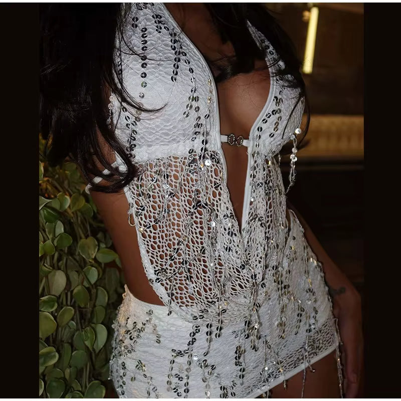 Casual Tassels Sequin Halter Hollow Out Spliced Tops Hip Package Mini Skirts Two Piece Set