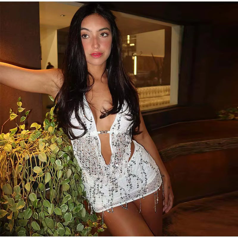 Casual Tassels Sequin Halter Hollow Out Spliced Tops Hip Package Mini Skirts Two Piece Set