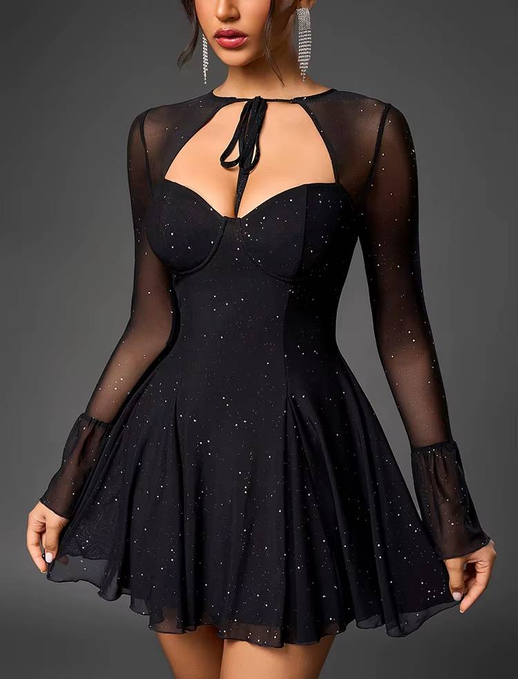 Casual Tie Up Double Layer Long Sleeve Cut Out Sequined Mesh Mini Dress