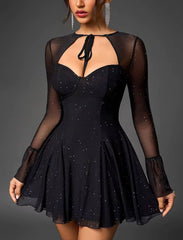 Casual Tie Up Double Layer Long Sleeve Cut Out Sequined Mesh Mini Dress