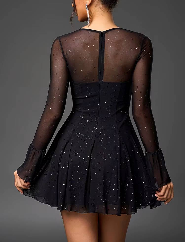 Casual Tie Up Double Layer Long Sleeve Cut Out Sequined Mesh Mini Dress