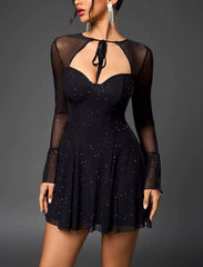 Casual Tie Up Double Layer Long Sleeve Cut Out Sequined Mesh Mini Dress