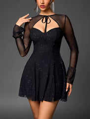 Casual Tie Up Double Layer Long Sleeve Cut Out Sequined Mesh Mini Dress