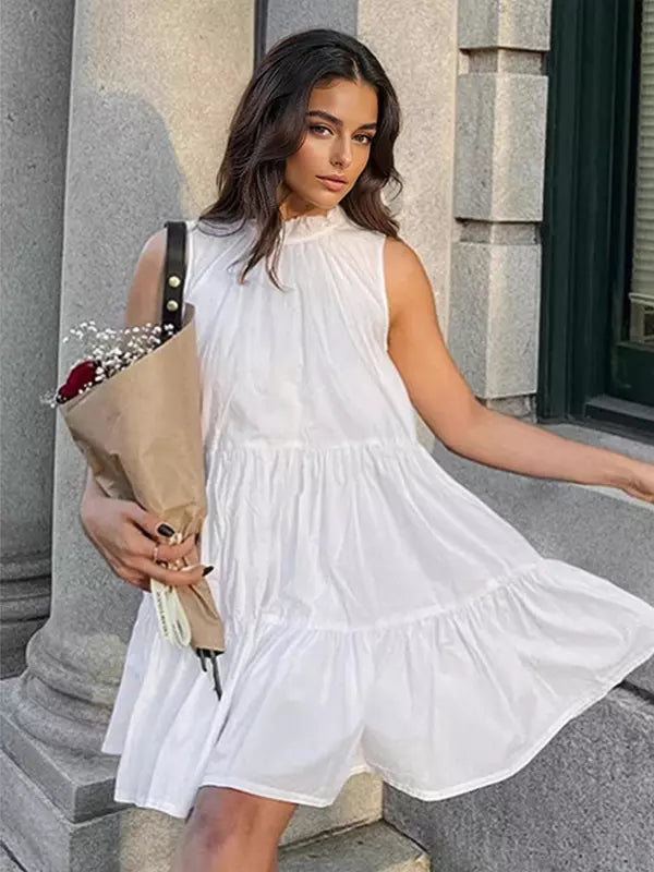 Casual Tiered Shift With Solid Color High Neck Sleeveless Mini Dress