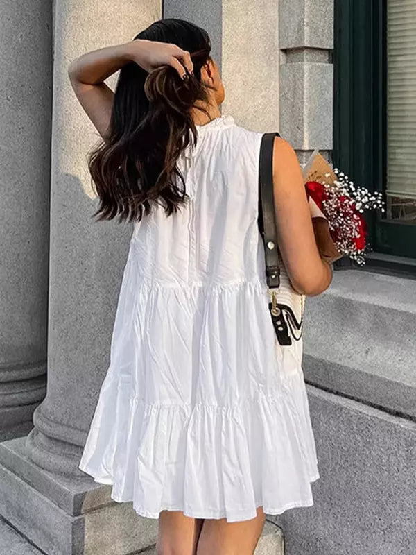 Casual Tiered Shift With Solid Color High Neck Sleeveless Mini Dress