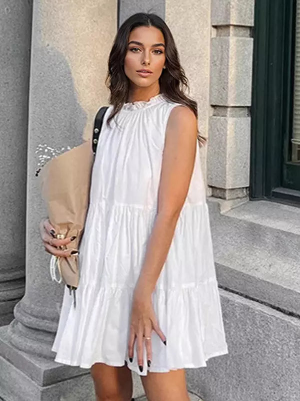 Casual Tiered Shift With Solid Color High Neck Sleeveless Mini Dress