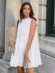 Casual Tiered Shift With Solid Color High Neck Sleeveless Mini Dress