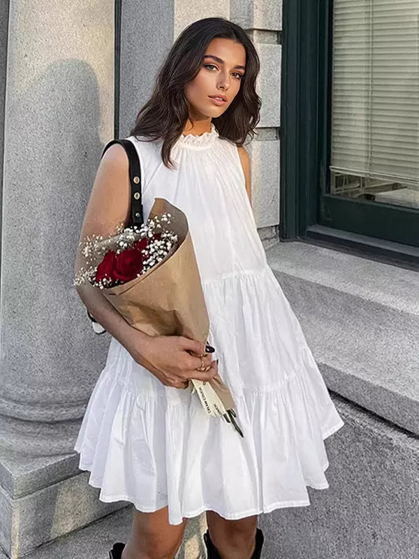 Casual Tiered Shift With Solid Color High Neck Sleeveless Mini Dress