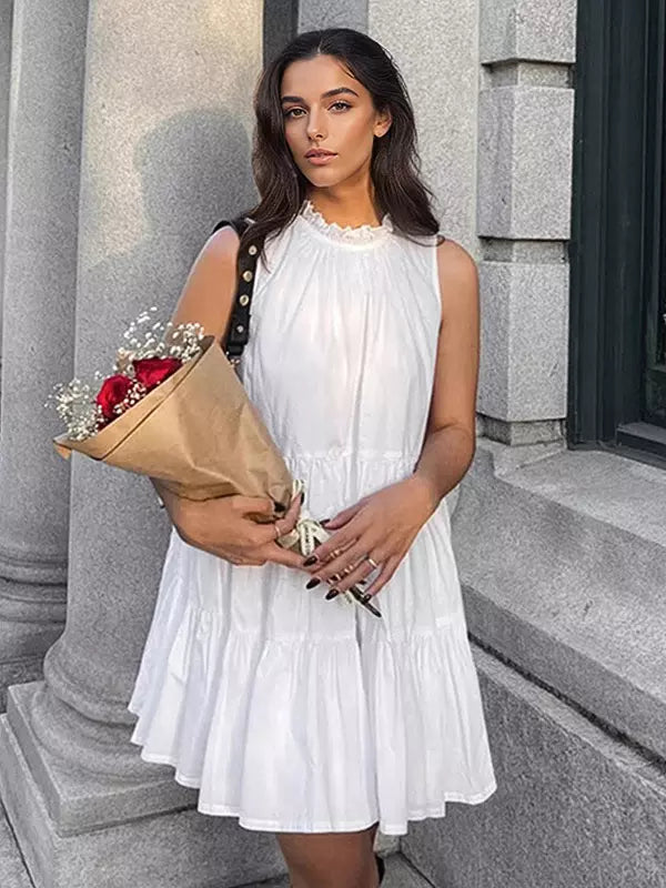 Casual Tiered Shift With Solid Color High Neck Sleeveless Mini Dress