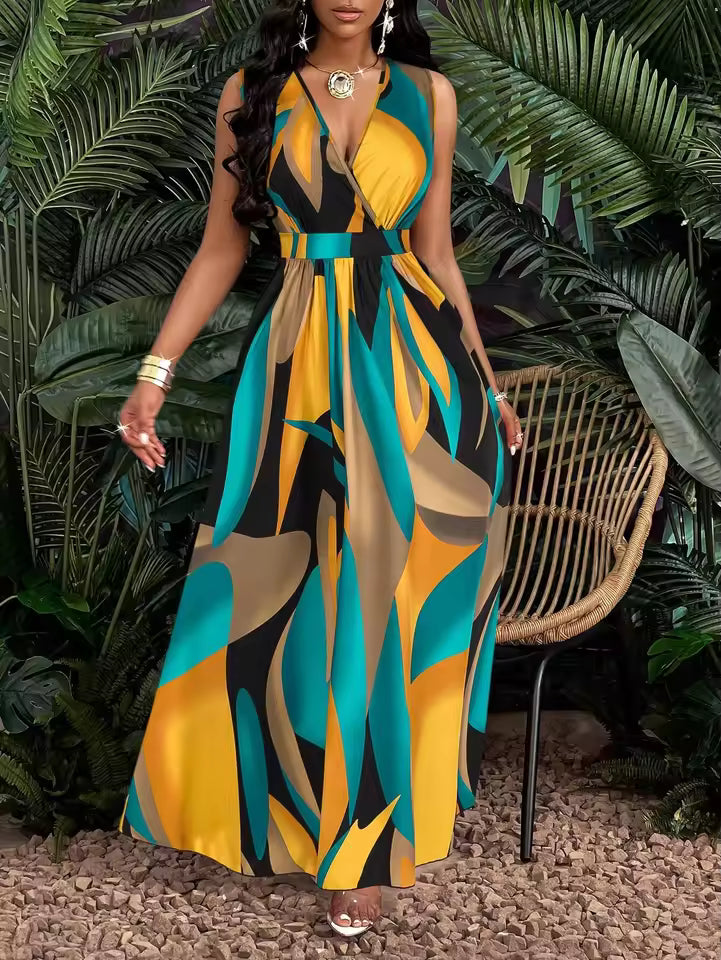 Casual Tropical Print V-Neck Waist Section Cable Knit Fit And Flare Maxi Dress
