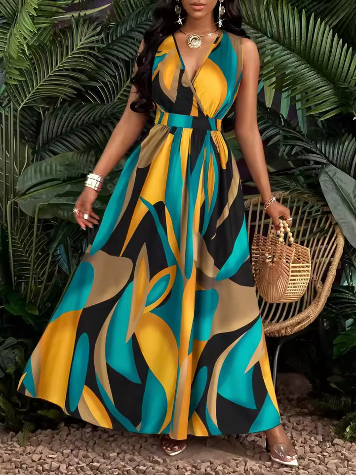 Casual Tropical Print V-Neck Waist Section Cable Knit Fit And Flare Maxi Dress