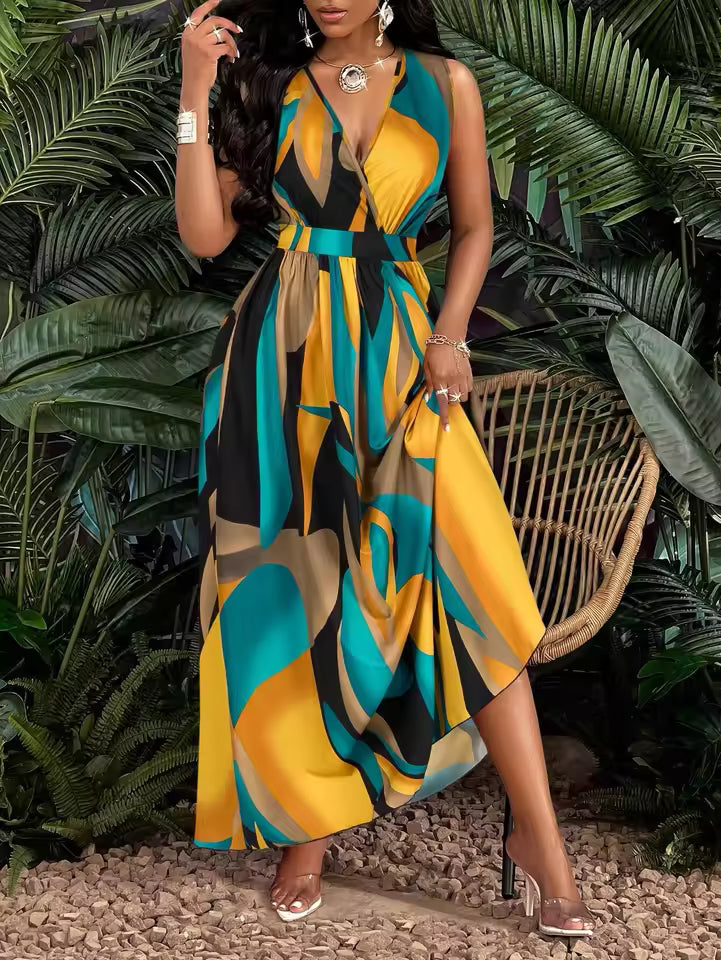 Casual Tropical Print V-Neck Waist Section Cable Knit Fit And Flare Maxi Dress