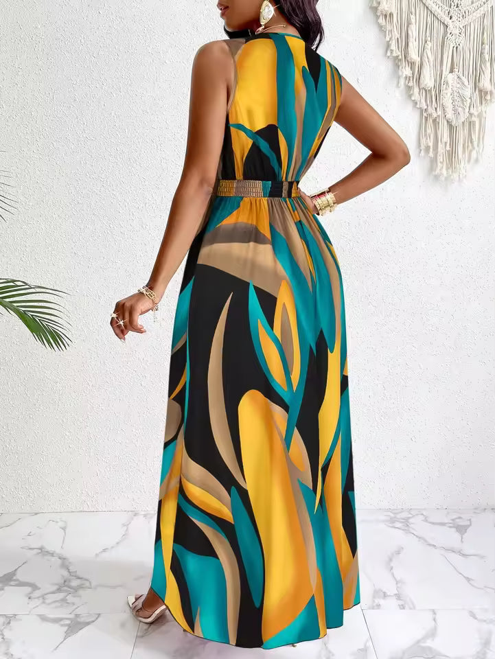 Casual Tropical Print V-Neck Waist Section Cable Knit Fit And Flare Maxi Dress