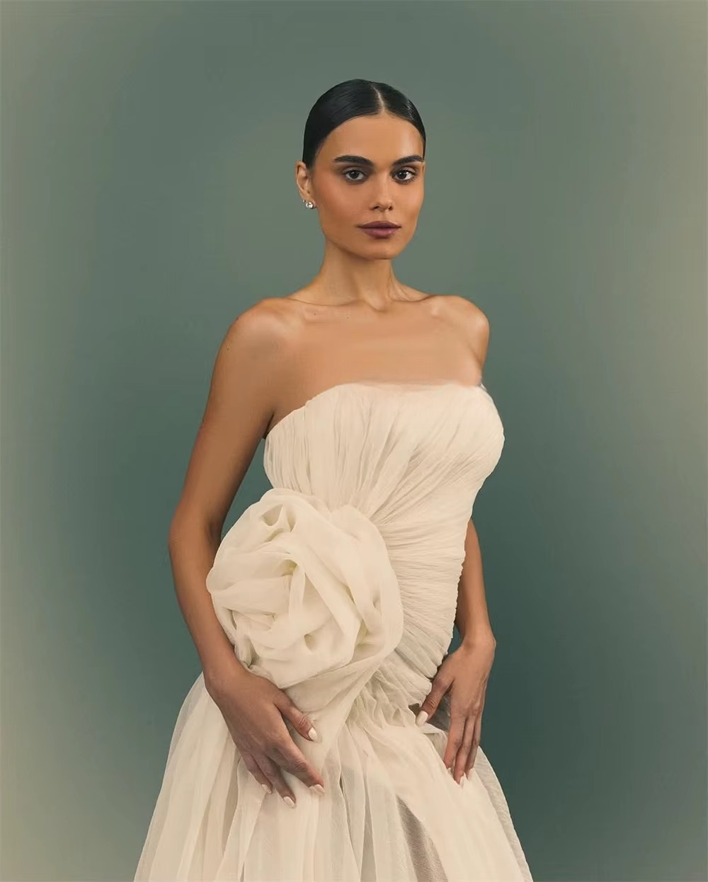 Casual Tulle Ruched Draped Handmade Flower A-line Strapless Bespoke Occasion Dresses