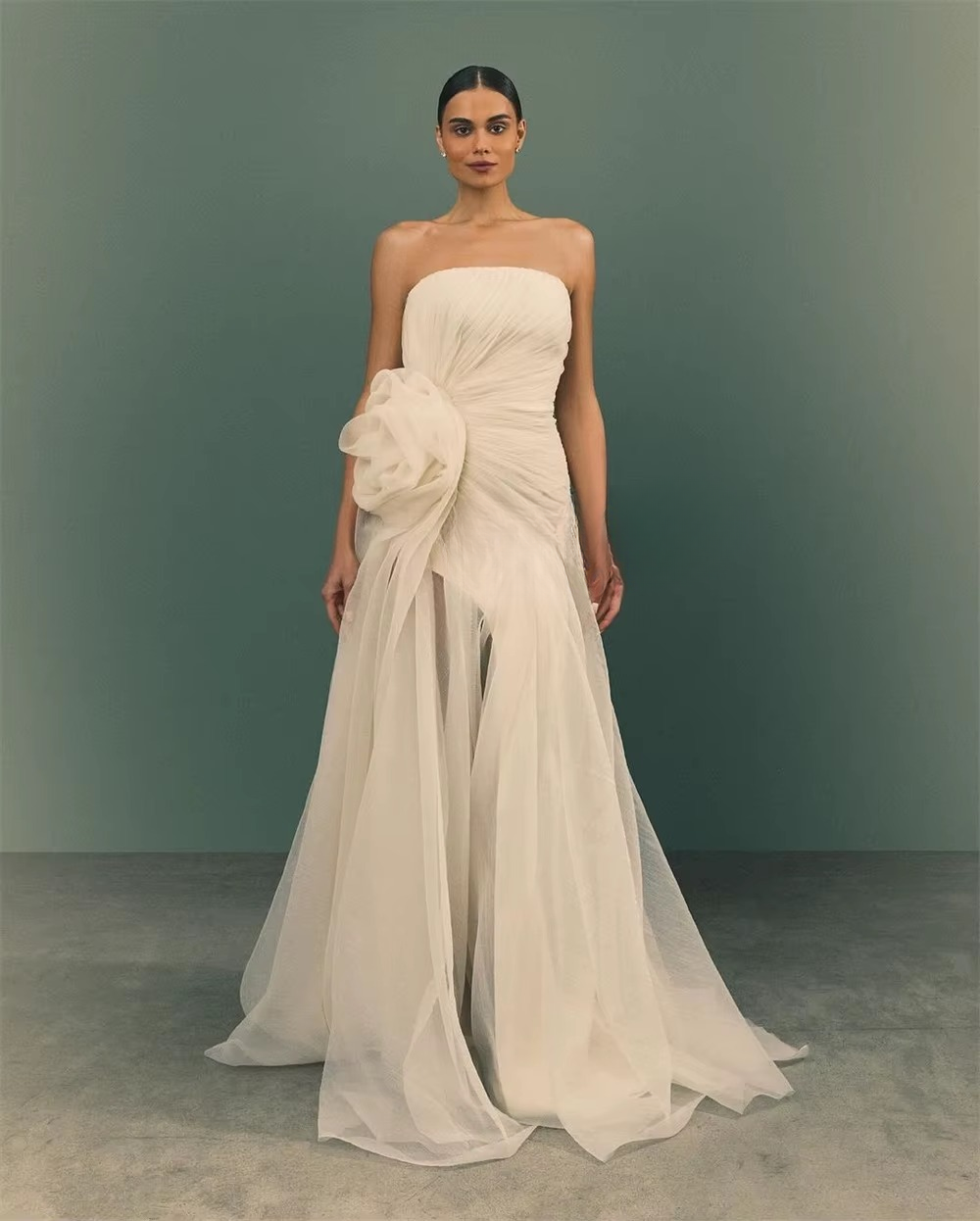 Casual Tulle Ruched Draped Handmade Flower A-line Strapless Bespoke Occasion Dresses