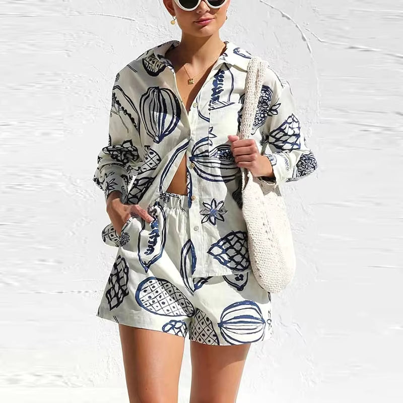 Casual Turn Down Collar Long Sleeve Button Shirt And Shorts Tow Piece Set