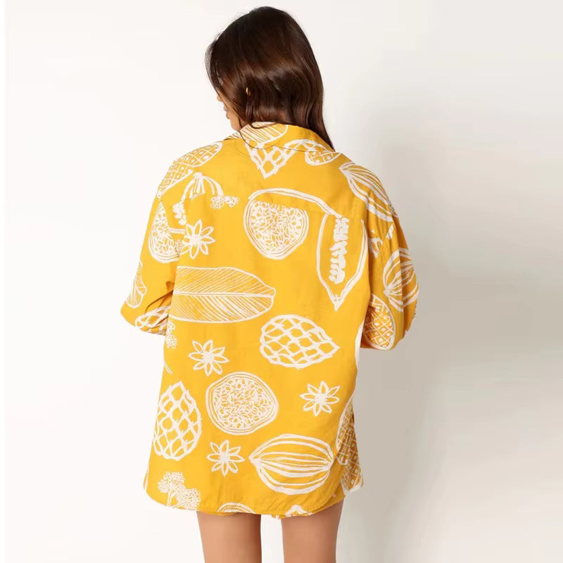 Casual Turn Down Collar Long Sleeve Button Shirt And Shorts Tow Piece Set