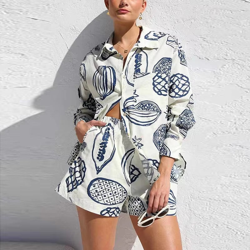 Casual Turn Down Collar Long Sleeve Button Shirt And Shorts Tow Piece Set