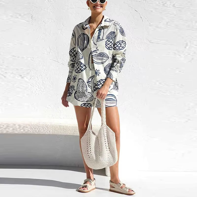 Casual Turn Down Collar Long Sleeve Button Shirt And Shorts Tow Piece Set