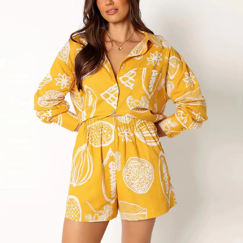 Casual Turn Down Collar Long Sleeve Button Shirt And Shorts Tow Piece Set