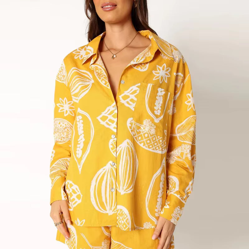 Casual Turn Down Collar Long Sleeve Button Shirt And Shorts Tow Piece Set