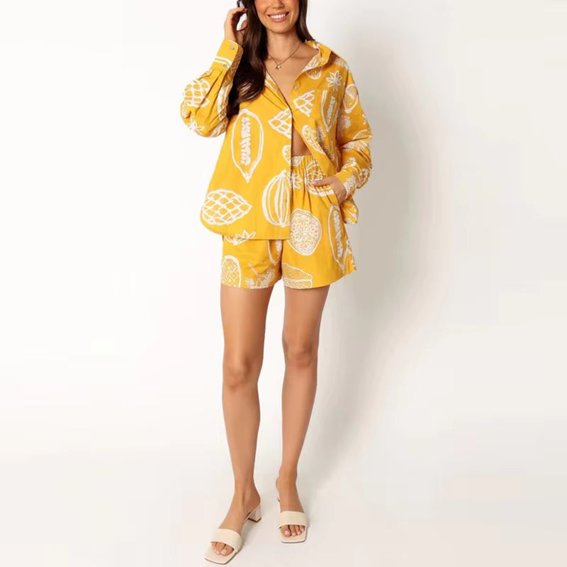 Casual Turn Down Collar Long Sleeve Button Shirt And Shorts Tow Piece Set