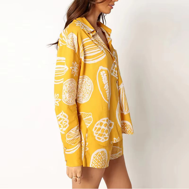 Casual Turn Down Collar Long Sleeve Button Shirt And Shorts Tow Piece Set