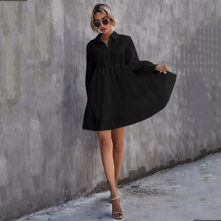 Casual Turn Down Collar Solid Color Lantern Sleevecover Up Mini Dress