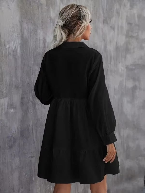 Casual Turn Down Collar Solid Color Lantern Sleevecover Up Mini Dress