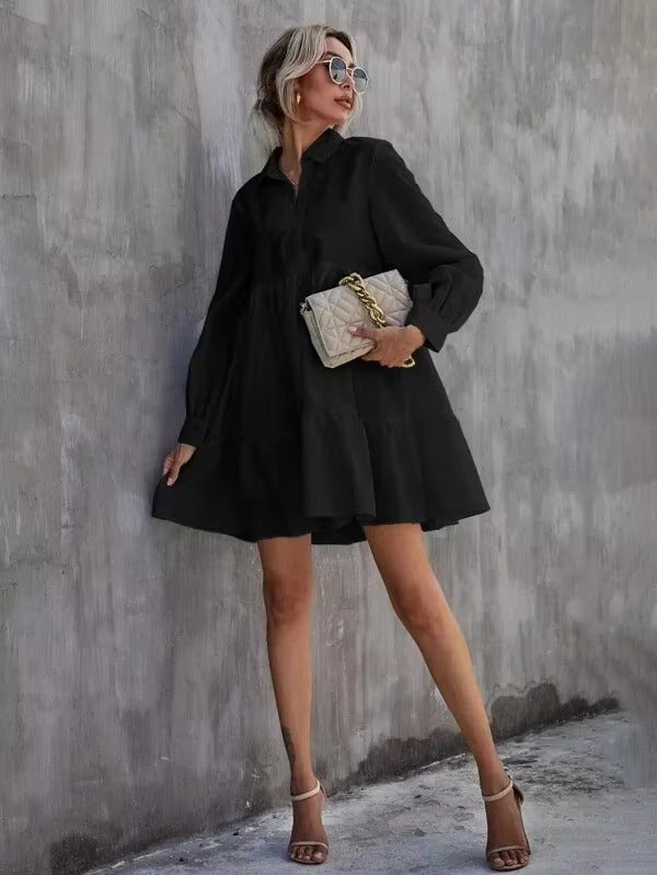 Casual Turn Down Collar Solid Color Lantern Sleevecover Up Mini Dress