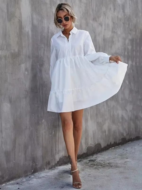 Casual Turn Down Collar Solid Color Lantern Sleevecover Up Mini Dress