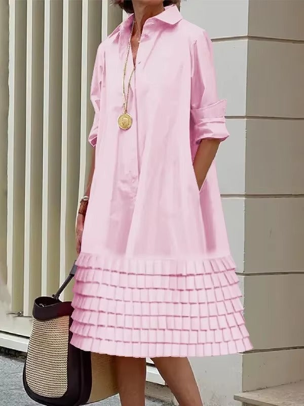 Casual Solid Turn-down Collar Long Sleeves Office Lady Midi Shirts Dresses