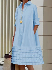 Casual Solid Turn-down Collar Long Sleeves Office Lady Midi Shirts Dresses