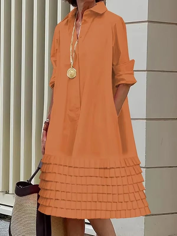 Casual Solid Turn-down Collar Long Sleeves Office Lady Midi Shirts Dresses