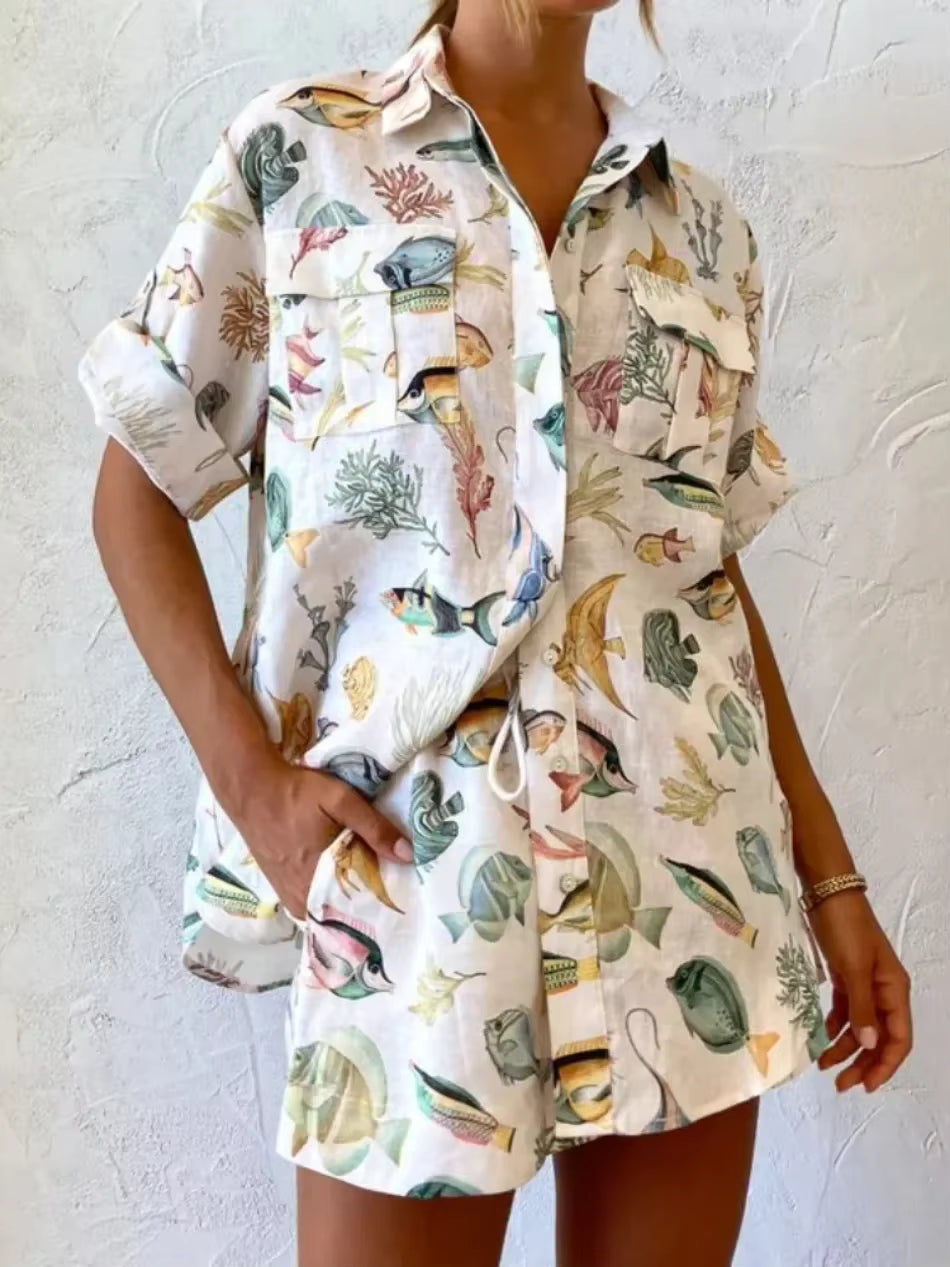 Casual Loose Turn-down Collar Short Sleeve Tops And Shorts 2 Pieces Set