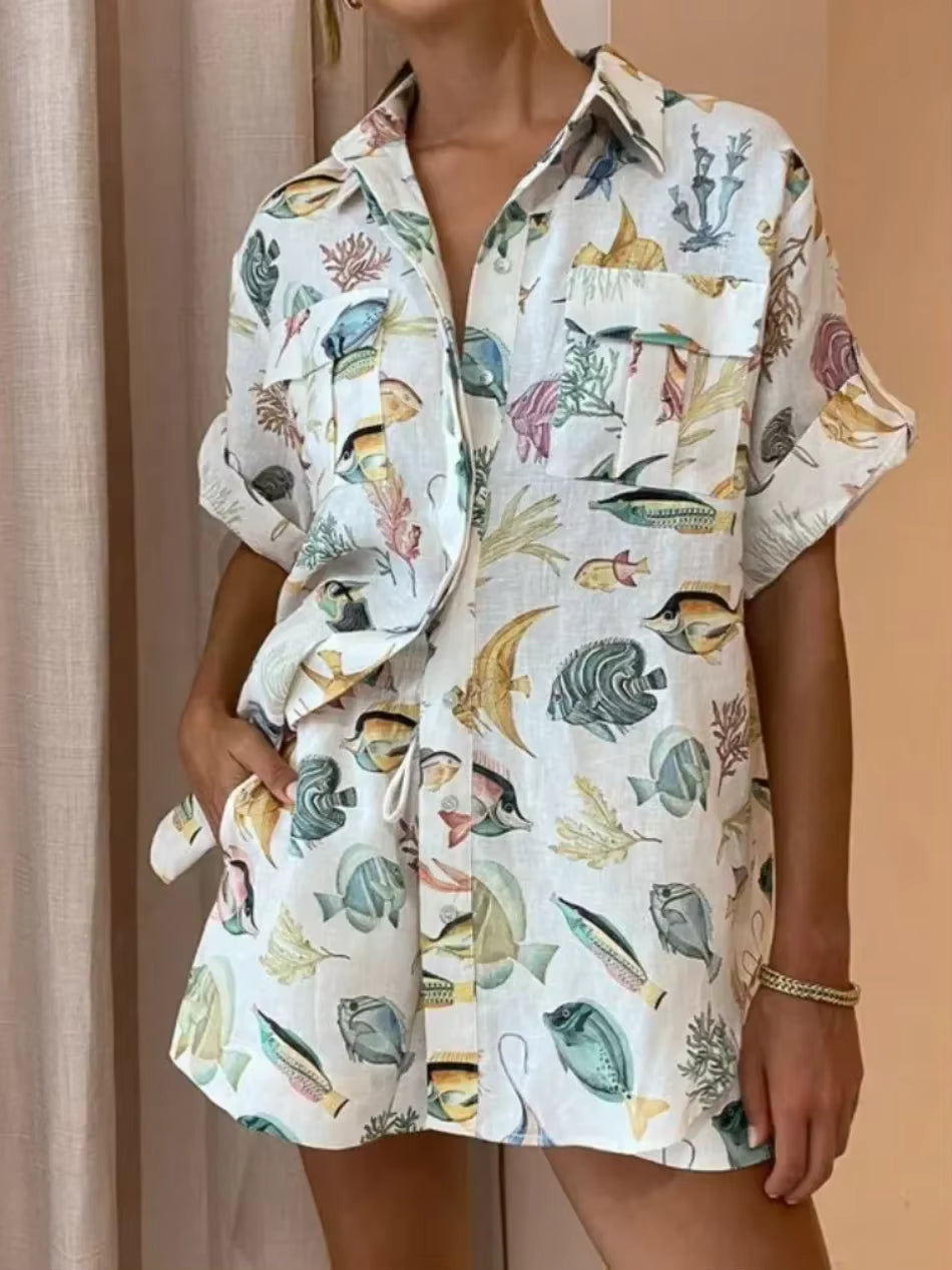 Casual Loose Turn-down Collar Short Sleeve Tops And Shorts 2 Pieces Set