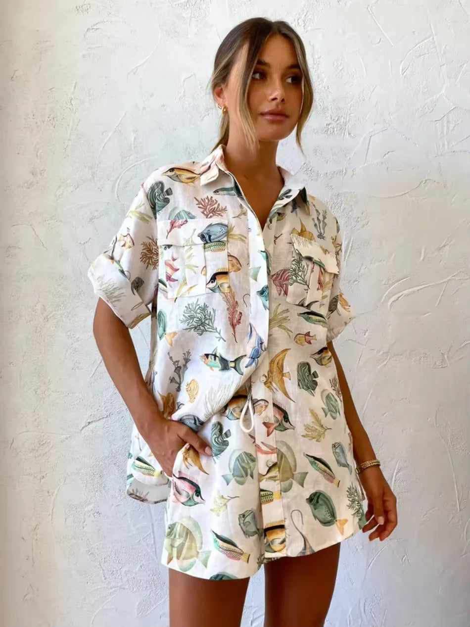 Casual Loose Turn-down Collar Short Sleeve Tops And Shorts 2 Pieces Set