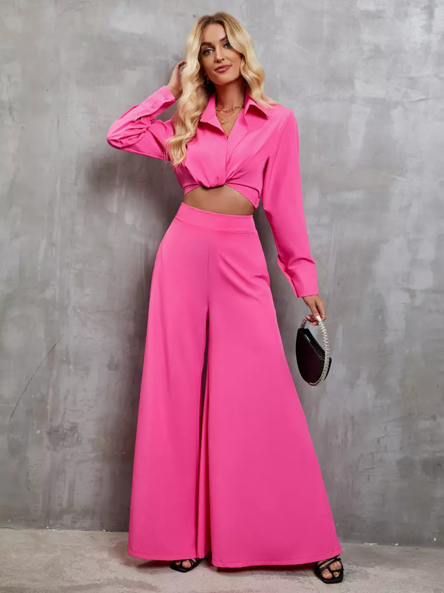 Casual Turndown Collar Long Sleeve Top And Wide-leg Pants Two-Piece Set