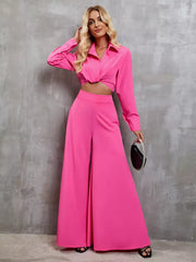 Casual Turndown Collar Long Sleeve Top And Wide-leg Pants Two-Piece Set