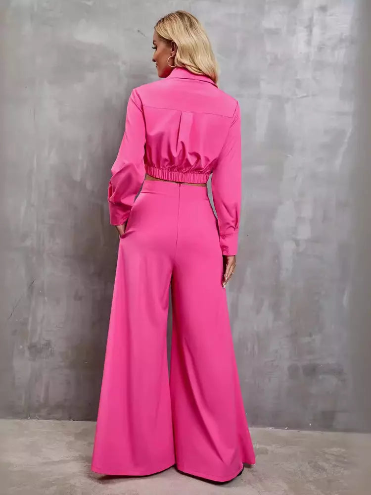 Casual Turndown Collar Long Sleeve Top And Wide-leg Pants Two-Piece Set