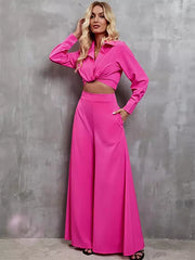 Casual Turndown Collar Long Sleeve Top And Wide-leg Pants Two-Piece Set