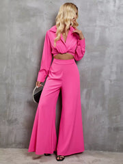 Casual Turndown Collar Long Sleeve Top And Wide-leg Pants Two-Piece Set