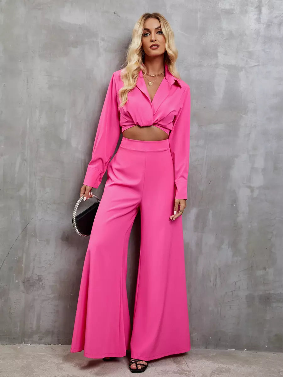 Casual Turndown Collar Long Sleeve Top And Wide-leg Pants Two-Piece Set