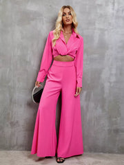 Casual Turndown Collar Long Sleeve Top And Wide-leg Pants Two-Piece Set