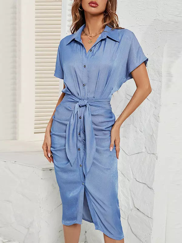 Casual Turndown Collar With Belted Waist And Batwing Sleeves Midi Shirt Dress
